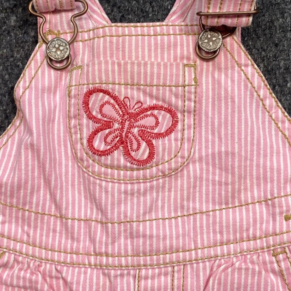 OshKosh B gosh Overalls Sz 6M Baby Girls Pink Stripe Butterfly Ruffle Bib Pants